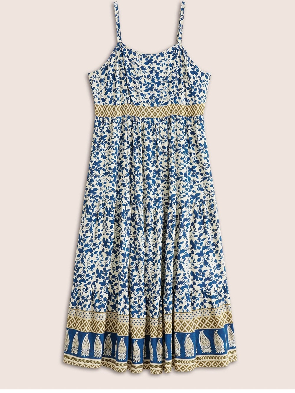 Blue and Cream Floral Maxi Dress with Contrast Waistband (with pockets) - Picture 3 of 4